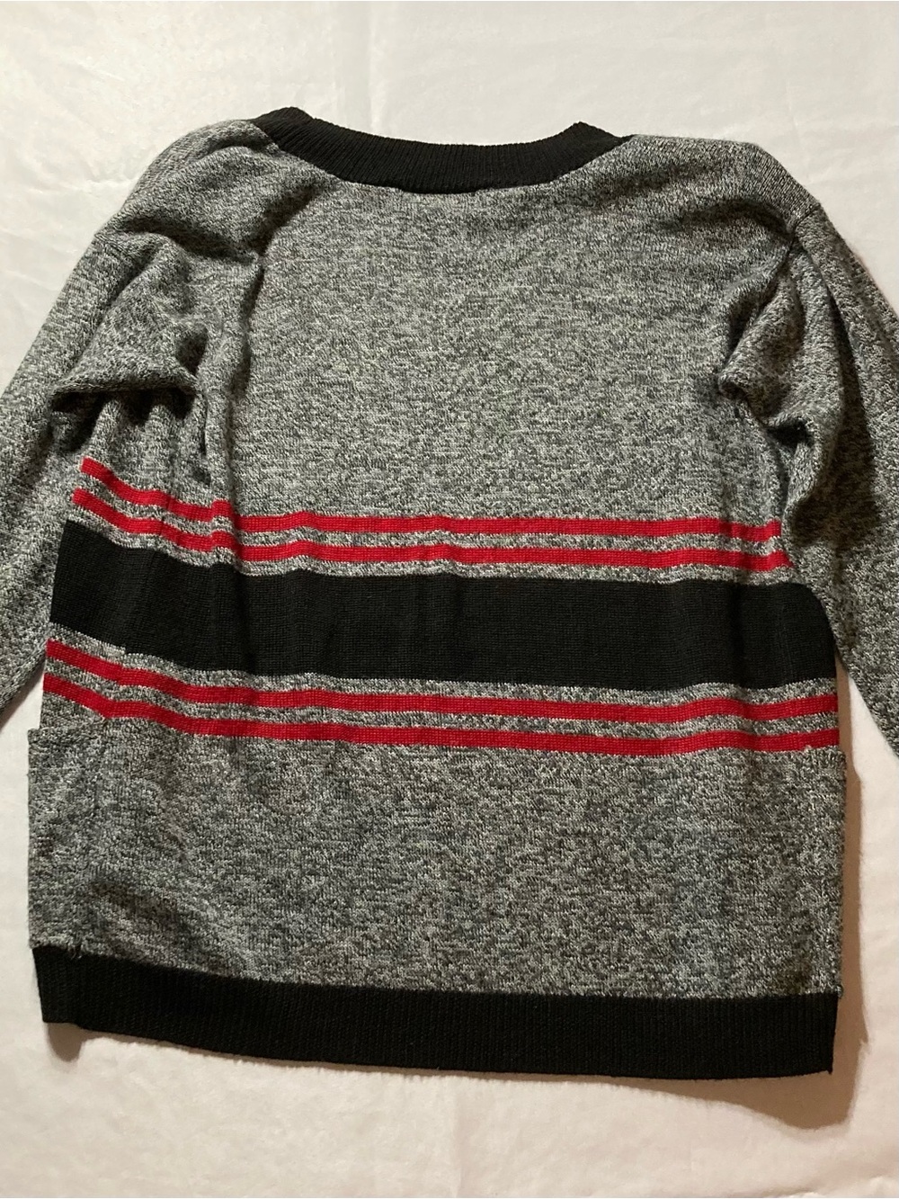 Women’s Gray Open-Front Cardigan with Black & Red Stripes - Picture 3 of 4